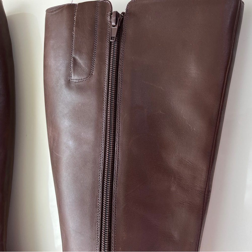Nine West Sz 7 Varin Wide Calf Brown Leather Wood Wedge Knee High Boots - Picture 8 of 15